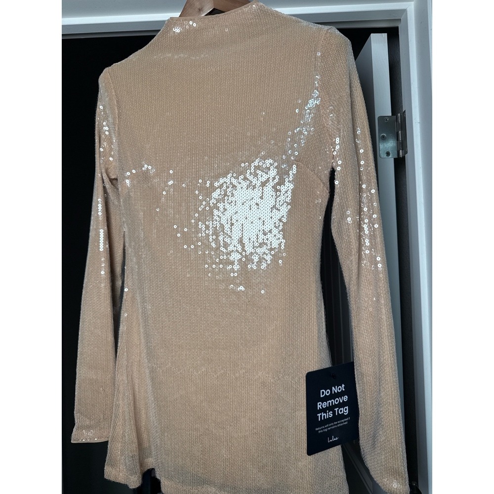 NWT Lulus Champagne Sequin Mesh Mini Dress S Cocktail Party Cruise Y2K inspired - Picture 2 of 8